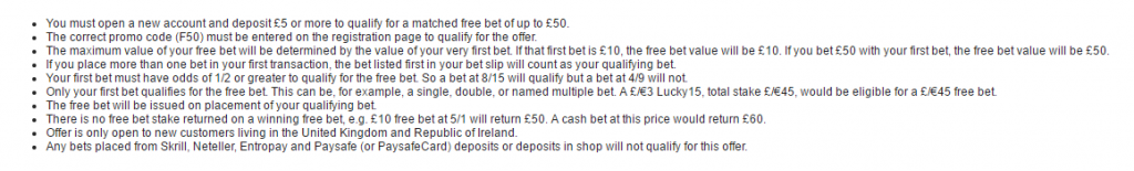 Free bets T&Cs example