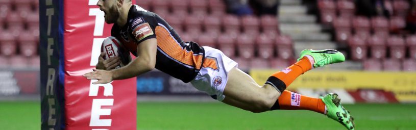 Castleford Tigers' Luke Gale goes over for a try during the Betfred Super League match at The DW Stadium, Wigan.