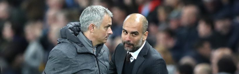 Manchester United manager Jose Mourinho (left) and Manchester City manager Pep Guardiola after the Premier League match at the Etihad Stadium, Manchester.