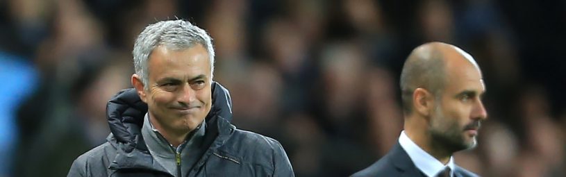 27th April 2017 - Premier League - Manchester City v Manchester United - Man Utd manager Jose Mourinho (L) and Man City manager Pep Guardiola - Photo: Simon Stacpoole / Offside.