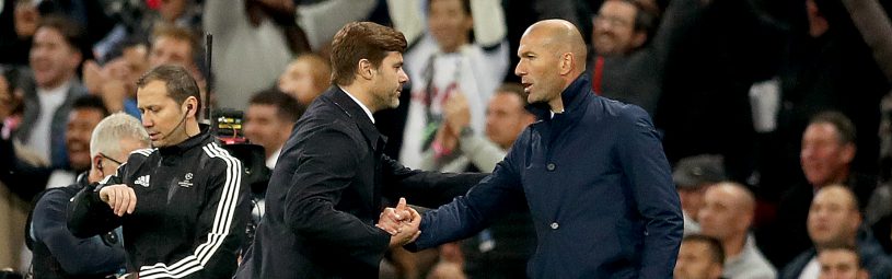 Tottenham Hotspur manager Mauricio Pochettino (left) and Real Madrid manager Zinedine Zidane (right) shakes hands during the UEFA Champions League, Group H match at Wembley Stadium, London.