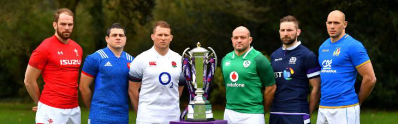 LONDON, ENGLAND - JANUARY 24:  (L-R) Alun Wyn Jones of Wales, Guilhem Guirado of France, Dylan Hartley of England, Rory Best of Ireland, John Barclay of Scotland and Sergio Parisse of Italy pose with the trophy during the 6 Nations Launch event at the Hitlon on January 24, 2018 in London, England.  (Photo by Dan Mullan/Getty Images)