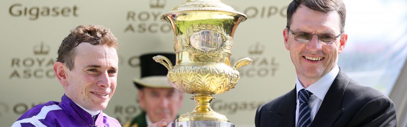 Jockey Ryan Moore (left) and winning trainer Aiden O'Brien after Highland Reel wins the Prince Of Wales's Stakes during day two of Royal Ascot at Ascot Racecourse.