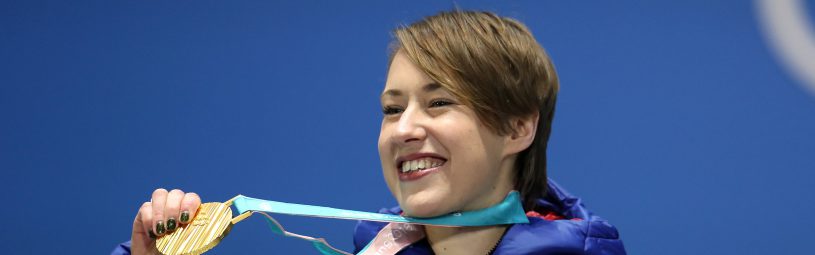 Great Britain's Lizzy Yarnold poses with her gold medal during the medal ceremony for the Women's Skeleton on day nine of the PyeongChang 2018 Winter Olympic Games in South Korea.