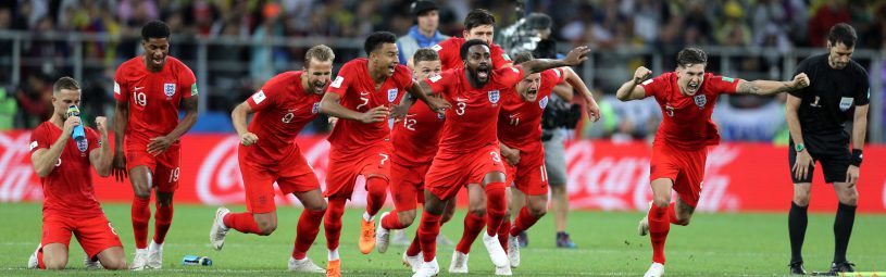 England celebrate winning the penalty shootout during the FIFA World Cup 2018, round of 16 match at the Spartak Stadium, Moscow.