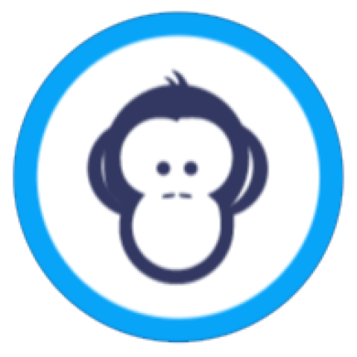 Stylised monkey face logo in dark blue with light blue circular border on white background