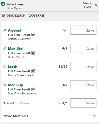 Football accumulator bet slip showing four selections