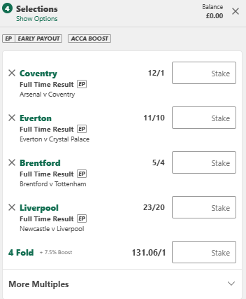 Football accumulator bet slip with higher odds from underdog selections