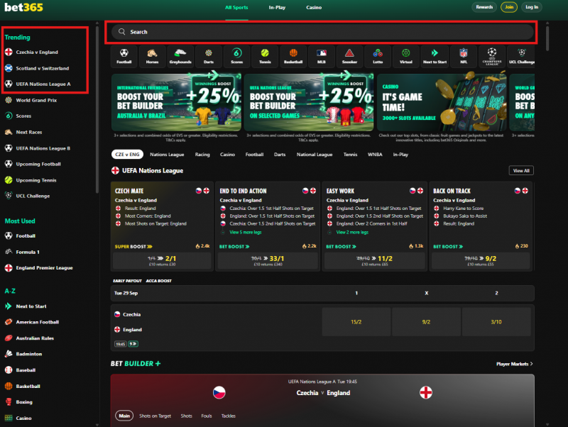 bet365 homepage showing where to find UEFA Nations League betting markets via the search bar and Trending menu