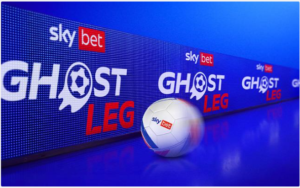 Sky Bet Ghost Leg branding on a pitch-side LED board with a Sky Bet football in front