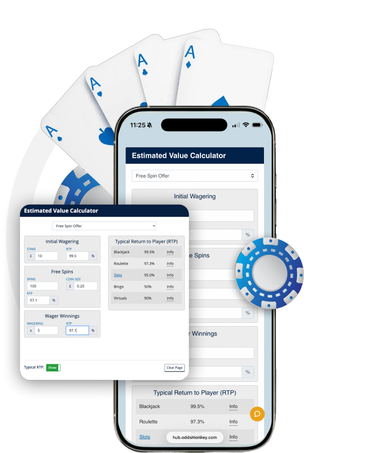 OddsMonkey casino tools shown on mobile with playing cards and casino chips