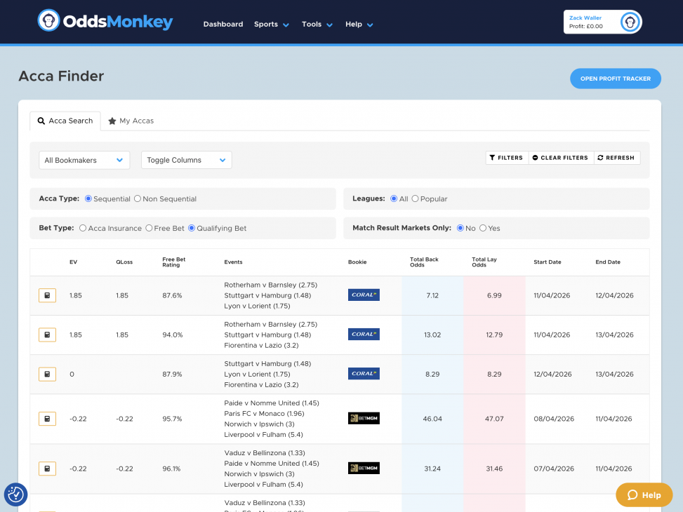 The OddsMonkey Acca Finder tool