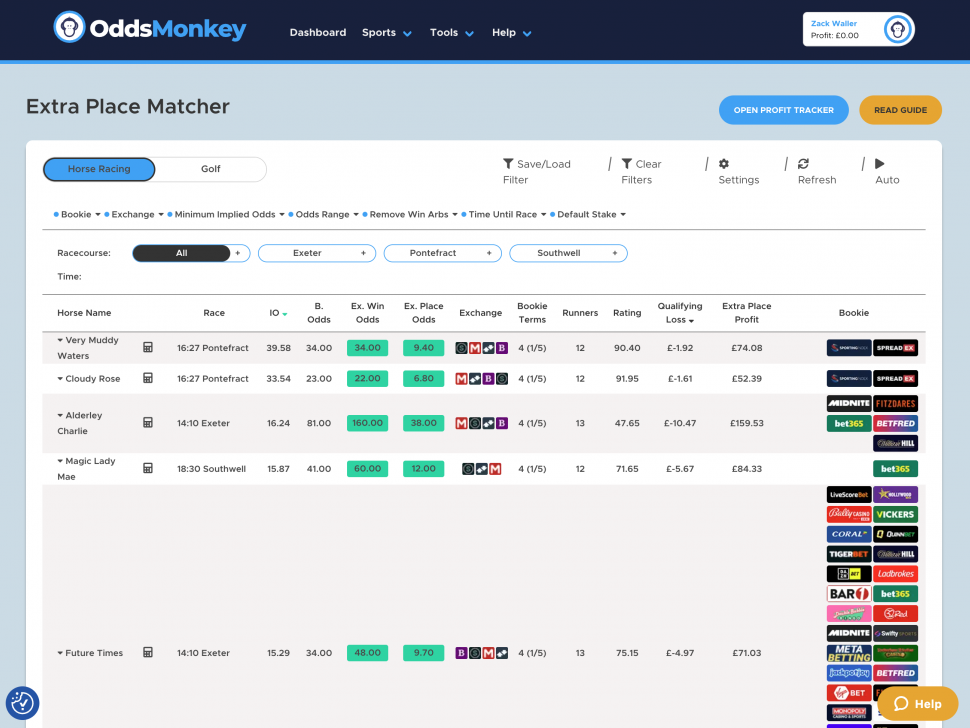 The OddsMonkey Extra Place Matcher tool