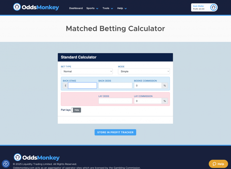 The OddsMonkey matched betting calculator