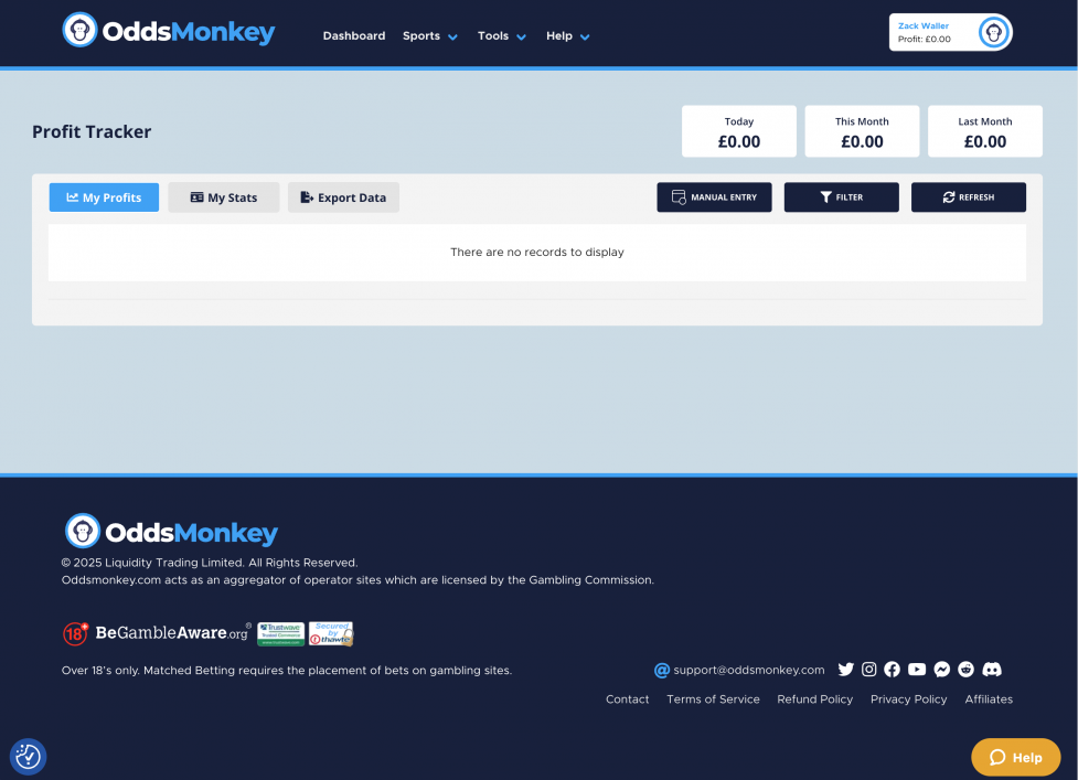 The OddsMonkey Profit Tracker dashboard