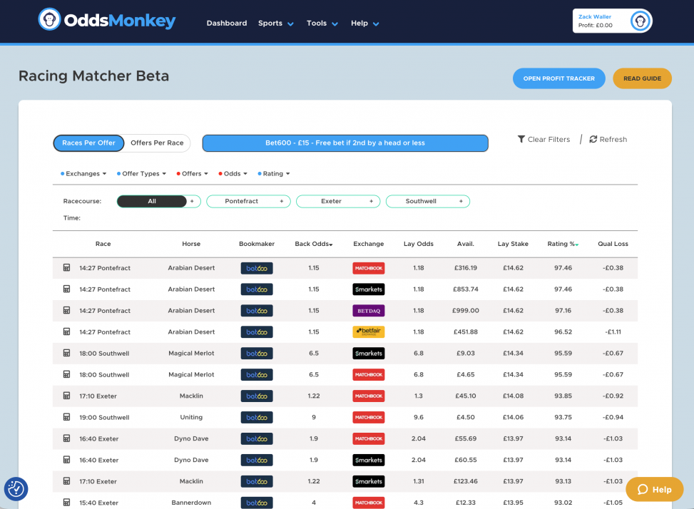 The OddsMonkey Racing Matcher tool