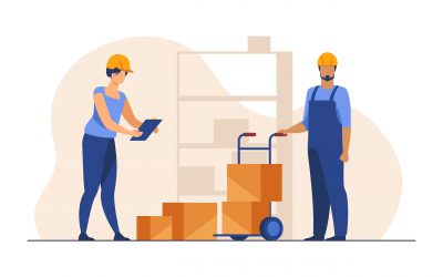 Storehouse workers keeping records of boxes. Warehouse employees in helmets with packages flat vector illustration. Logistics, shipment concept for banner, website design or landing web page