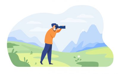 Happy travel photographer taking picture of nature isolated flat vector illustration. Cartoon character shooting mountains on camera. Photography and landscape concept