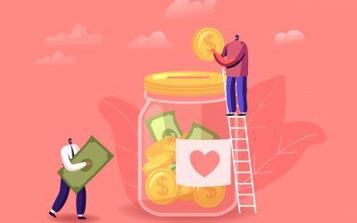 Donation, Volunteers Charity Concept. Tiny Male Characters Stand on Ladder Throw Coins and Bills into Huge Glass Jar with Heart Sticker for Donate. People Giving Money. Cartoon Vector Illustration